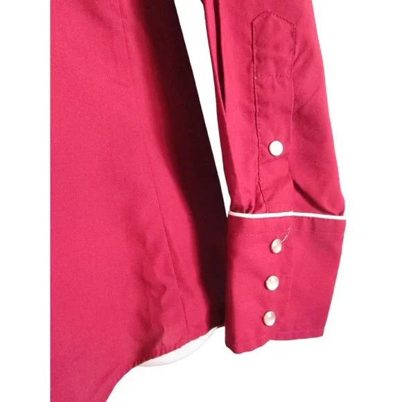 Vintage 70s Levis Pearl Snap Womans S Western Cowboy Rodeo Shirt Maroon White - Picture 11 of 16